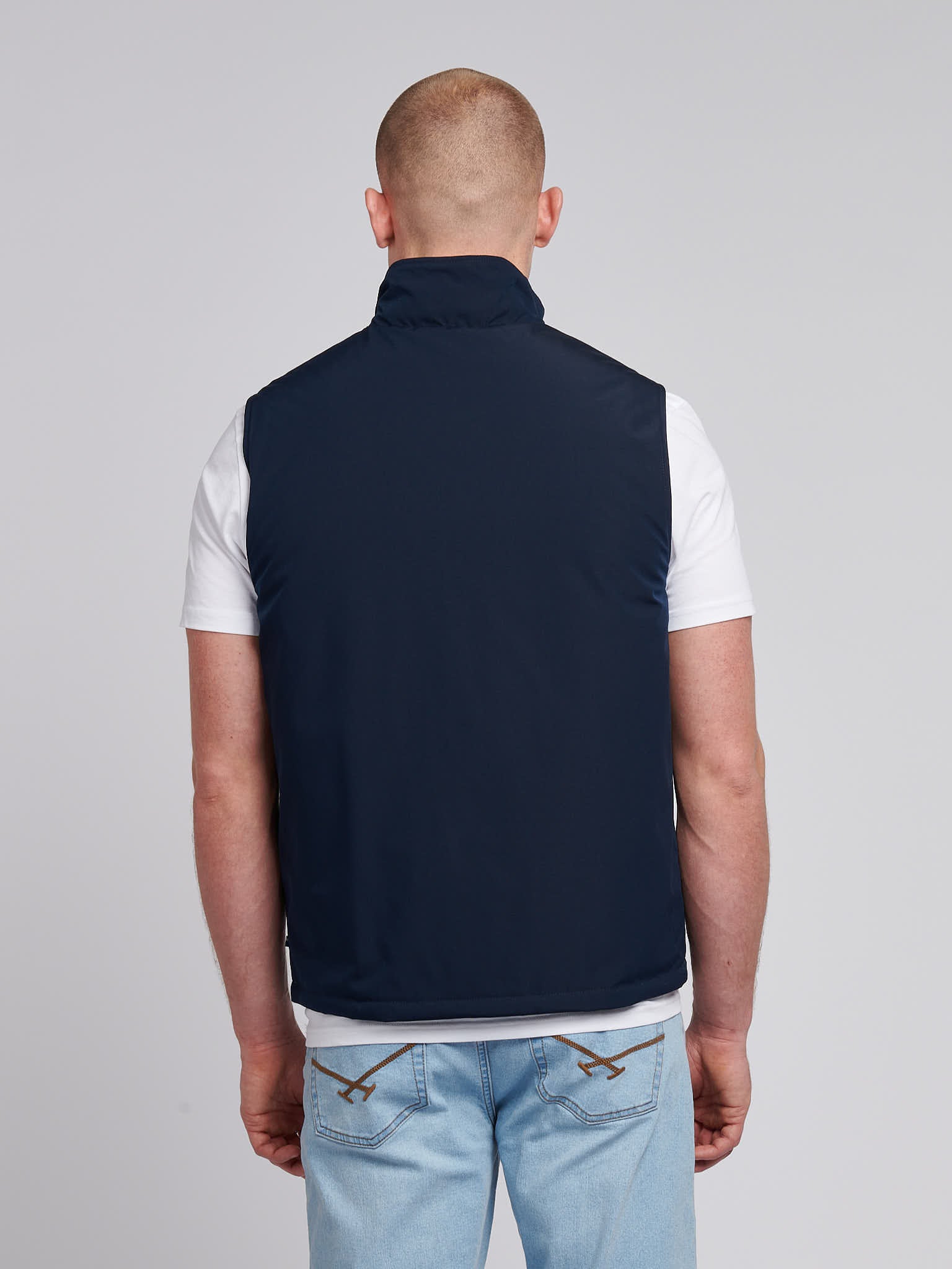 Mens Reversible Clean Front Jersey Lined Gilet in Dark Sapphire Navy / Moonlight Blue DHM