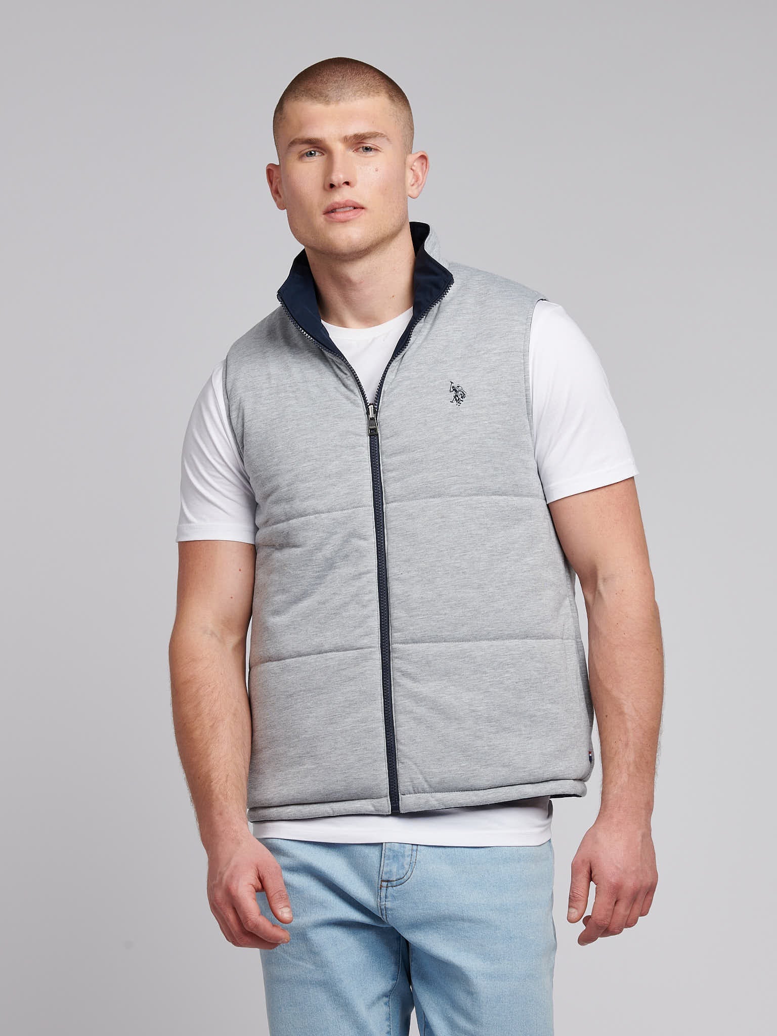 Mens Reversible Clean Front Jersey Lined Gilet in Dark Sapphire Navy / Moonlight Blue DHM