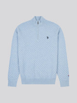 Mens Checkerboard Funnel Neck 1/4 Zip Knit in Parisian Blue Marl