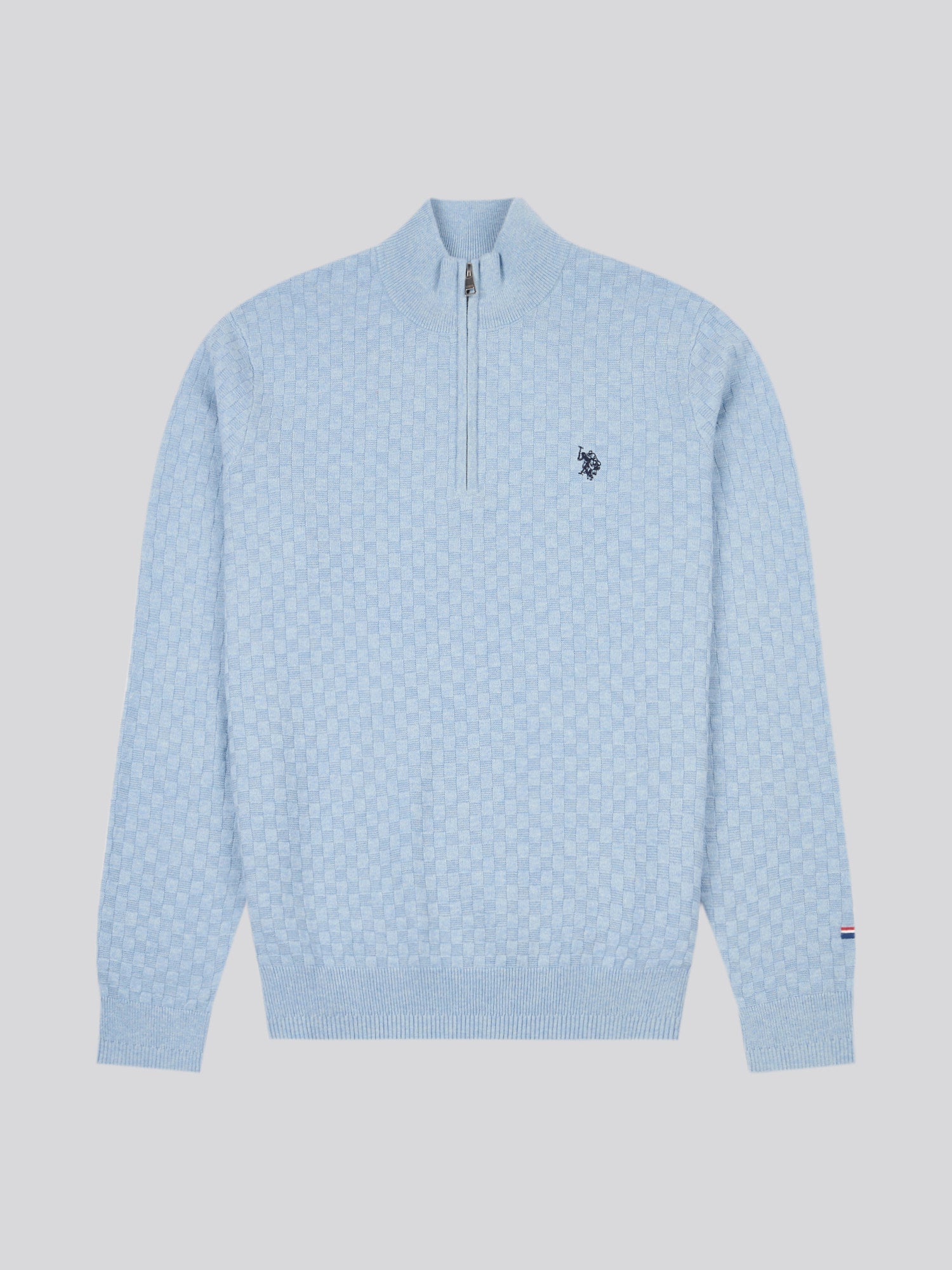Mens Checkerboard Funnel Neck 1/4 Zip Knit in Parisian Blue Marl