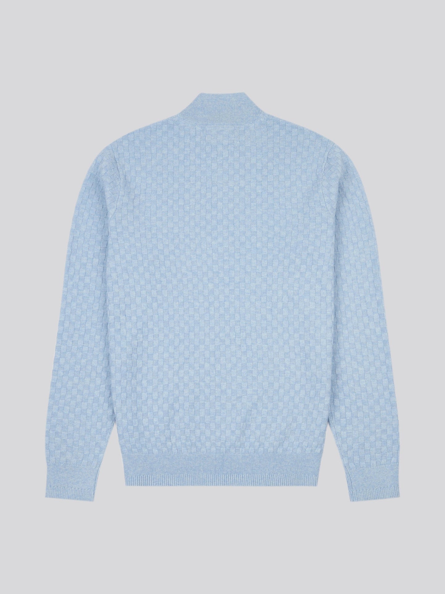 Mens Checkerboard Funnel Neck 1/4 Zip Knit in Parisian Blue Marl