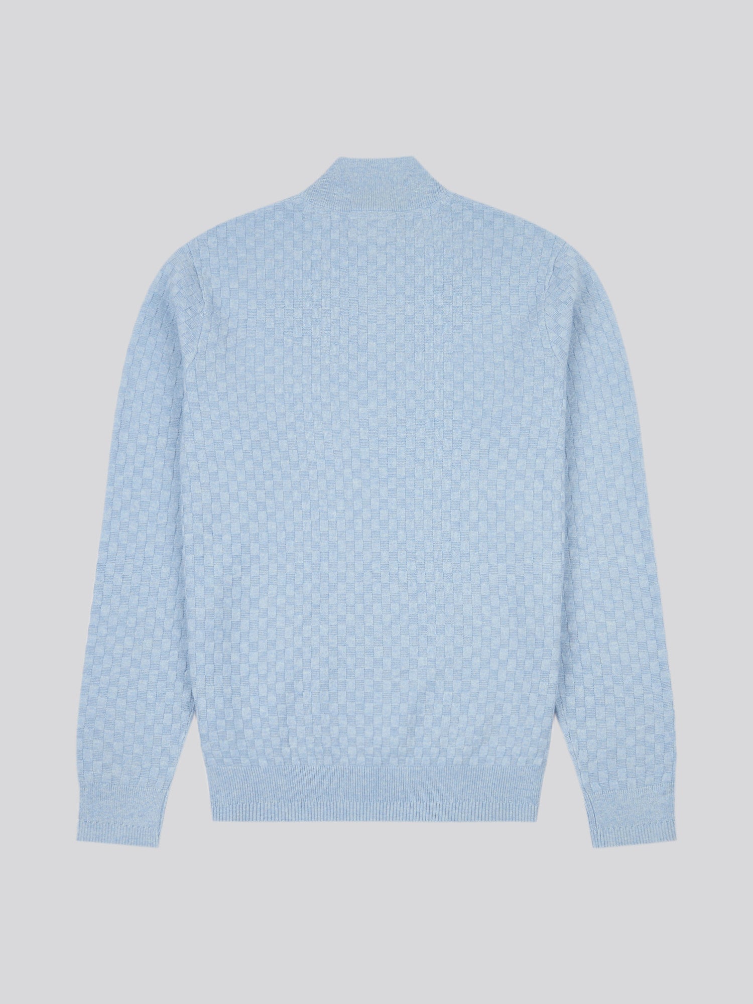 Mens Checkerboard Funnel Neck 1/4 Zip Knit in Parisian Blue Marl
