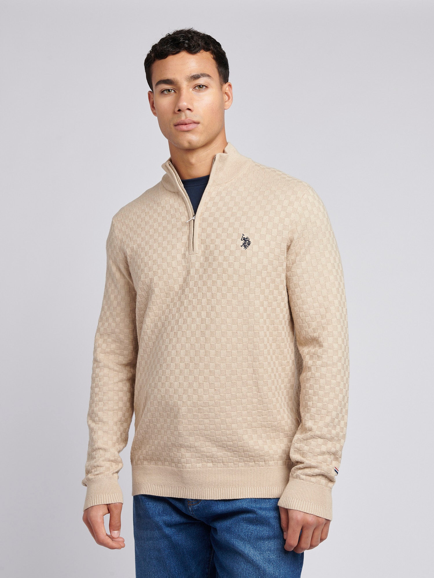 Mens Checkerboard Funnel Neck 1/4 Zip Knit in Doeskin