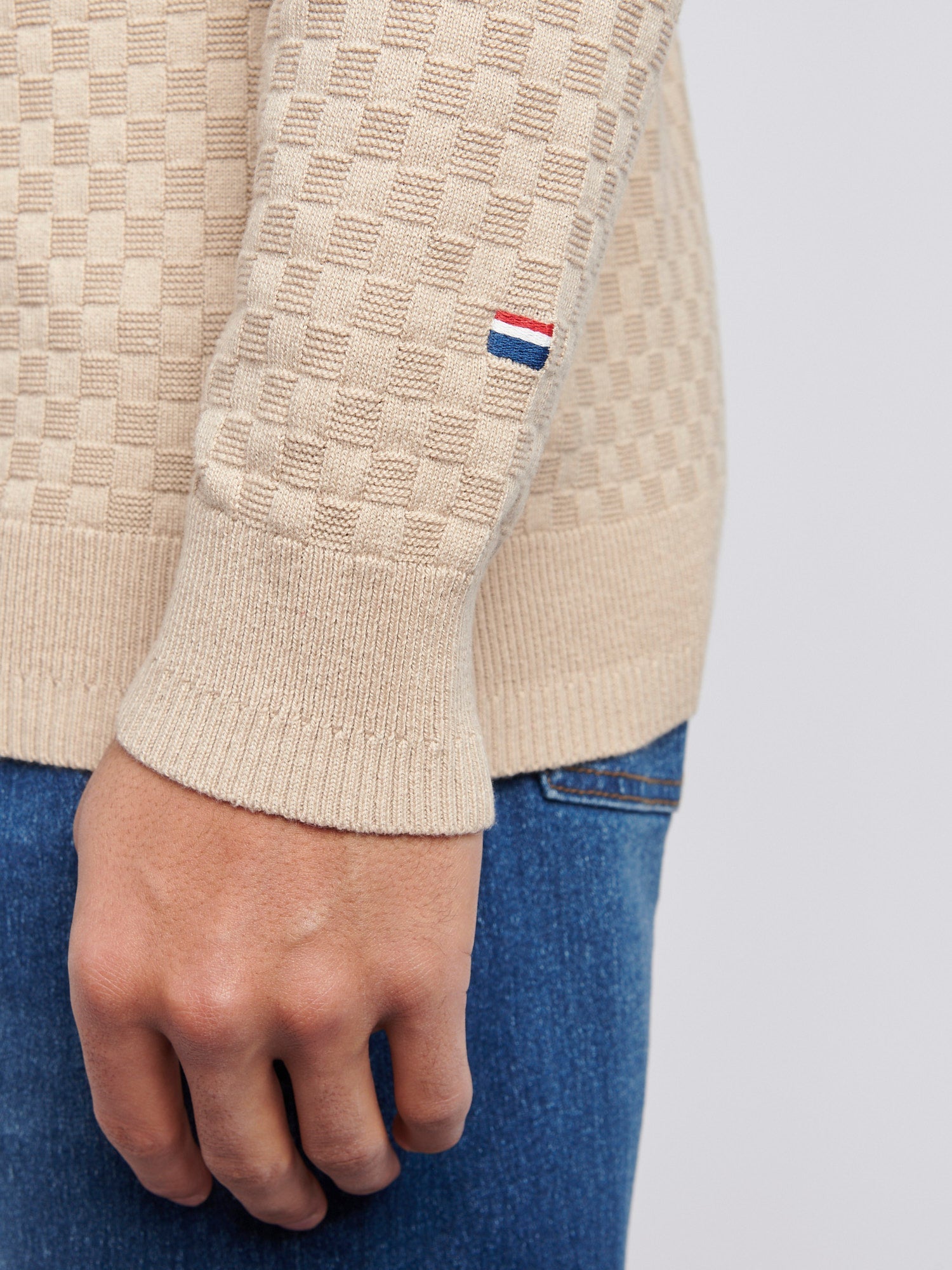Mens Checkerboard Funnel Neck 1/4 Zip Knit in Doeskin