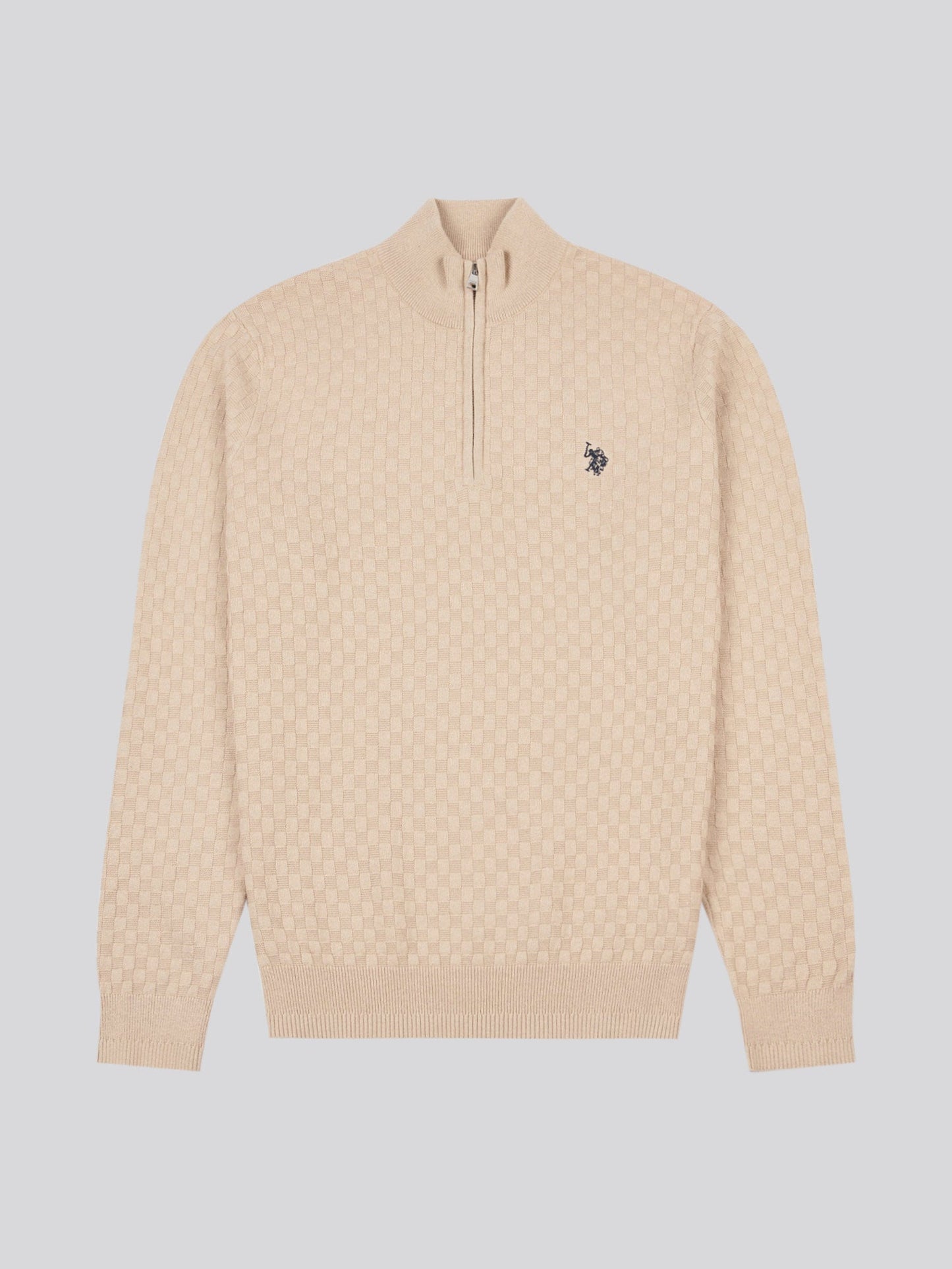 Mens Checkerboard Funnel Neck 1/4 Zip Knit in Doeskin