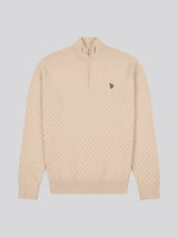 Mens Checkerboard Funnel Neck 1/4 Zip Knit in Doeskin