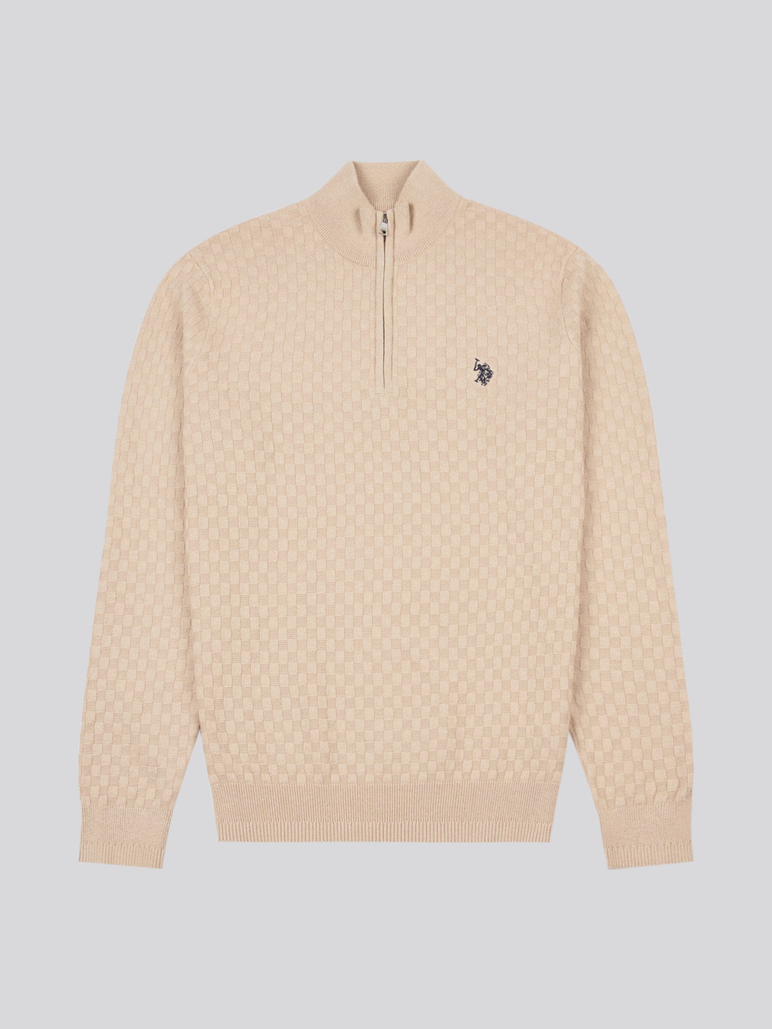 Mens Checkerboard Funnel Neck 1/4 Zip Knit in Doeskin