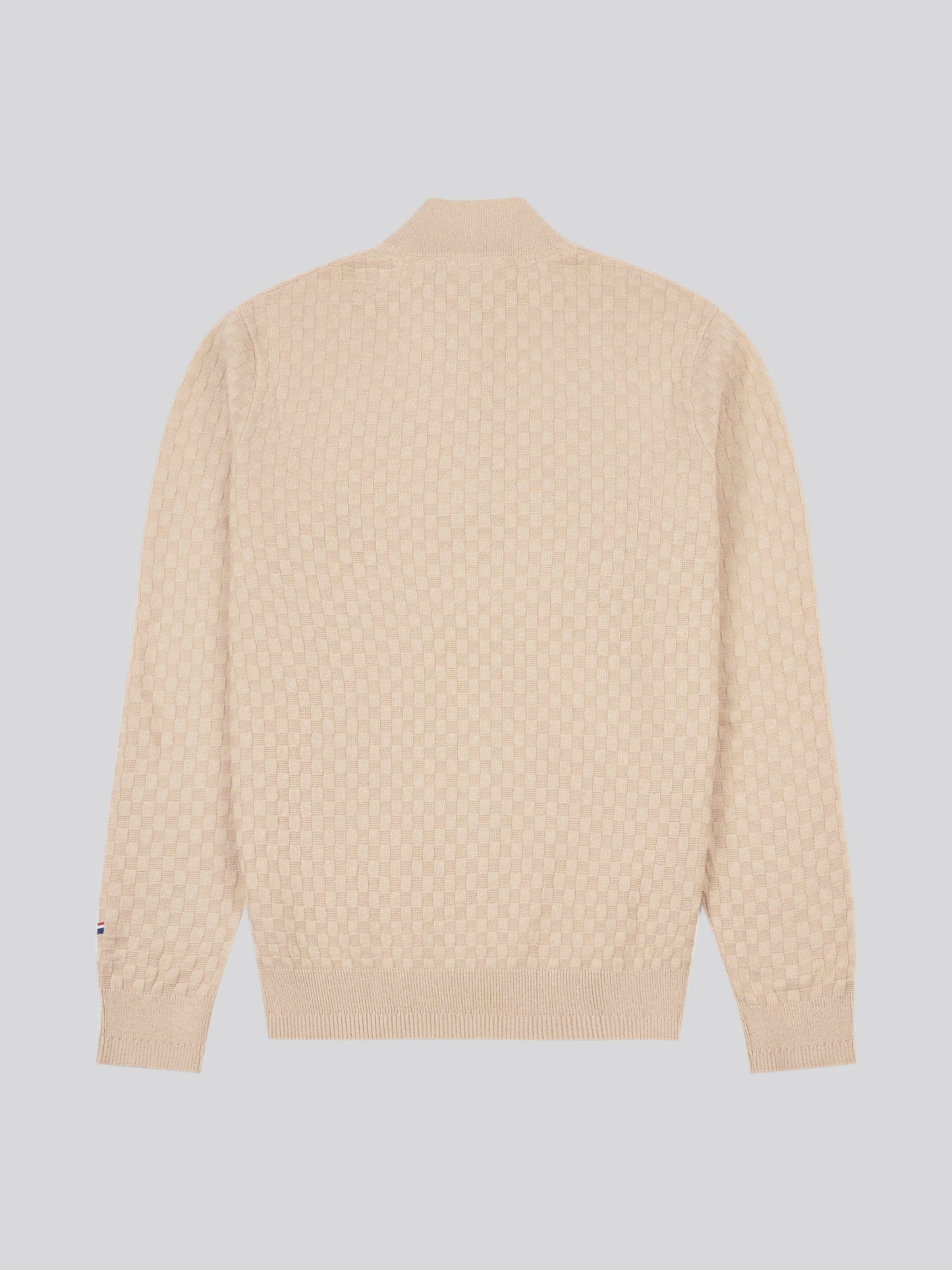 Mens Checkerboard Funnel Neck 1/4 Zip Knit in Doeskin