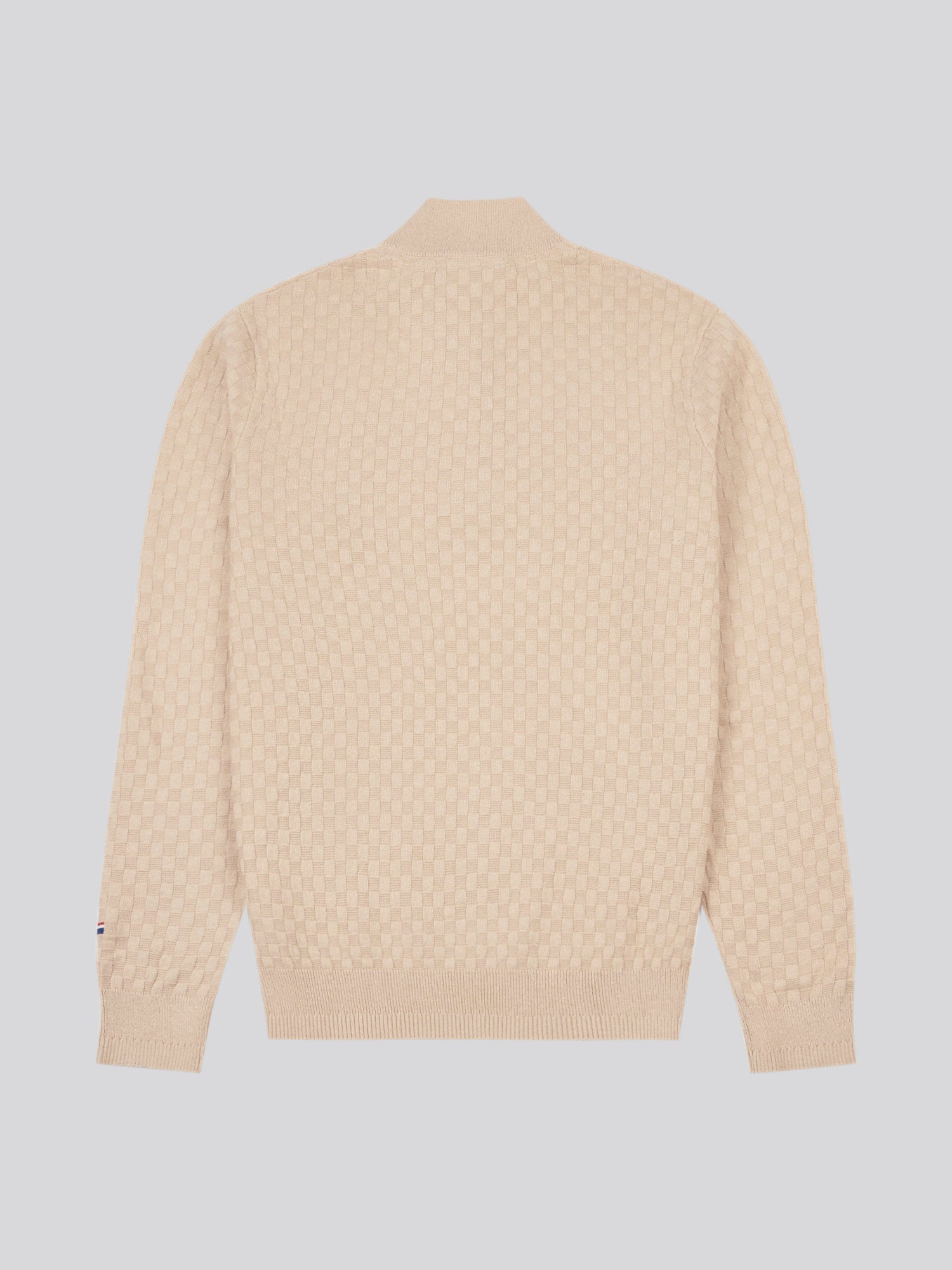 Mens Checkerboard Funnel Neck 1/4 Zip Knit in Doeskin