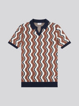 Mens Wave Knit Open Collar Polo Shirt in Cocoa Brown