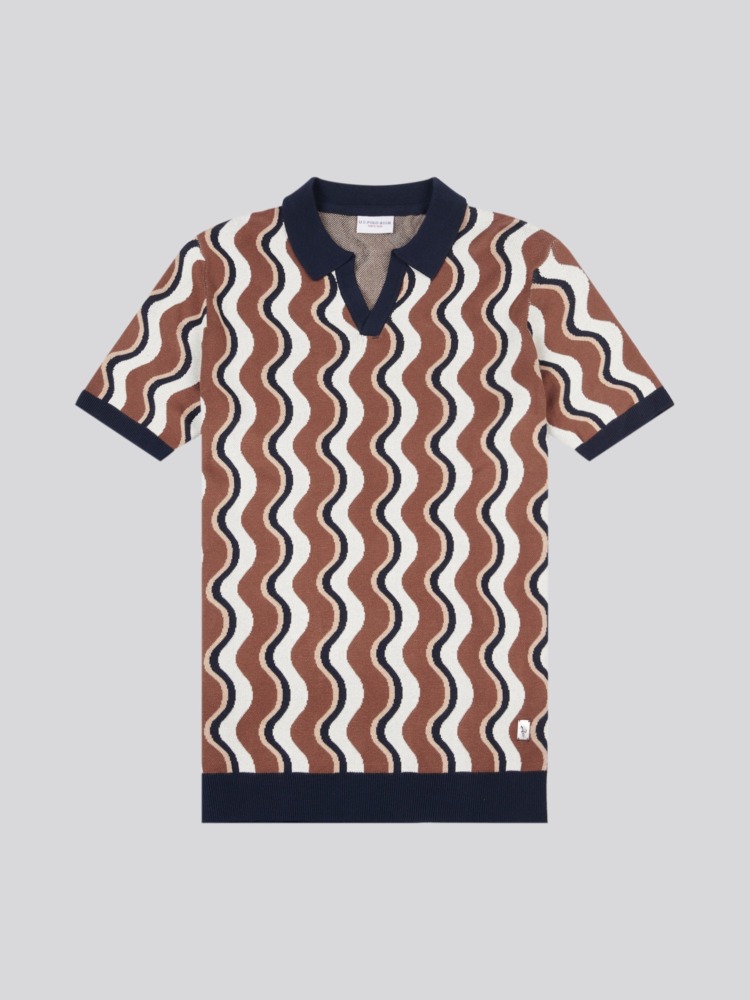 Mens Wave Knit Open Collar Polo Shirt in Cocoa Brown