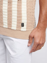 Mens Crochet Knit Open Collar  Polo Shirt in Doeskin