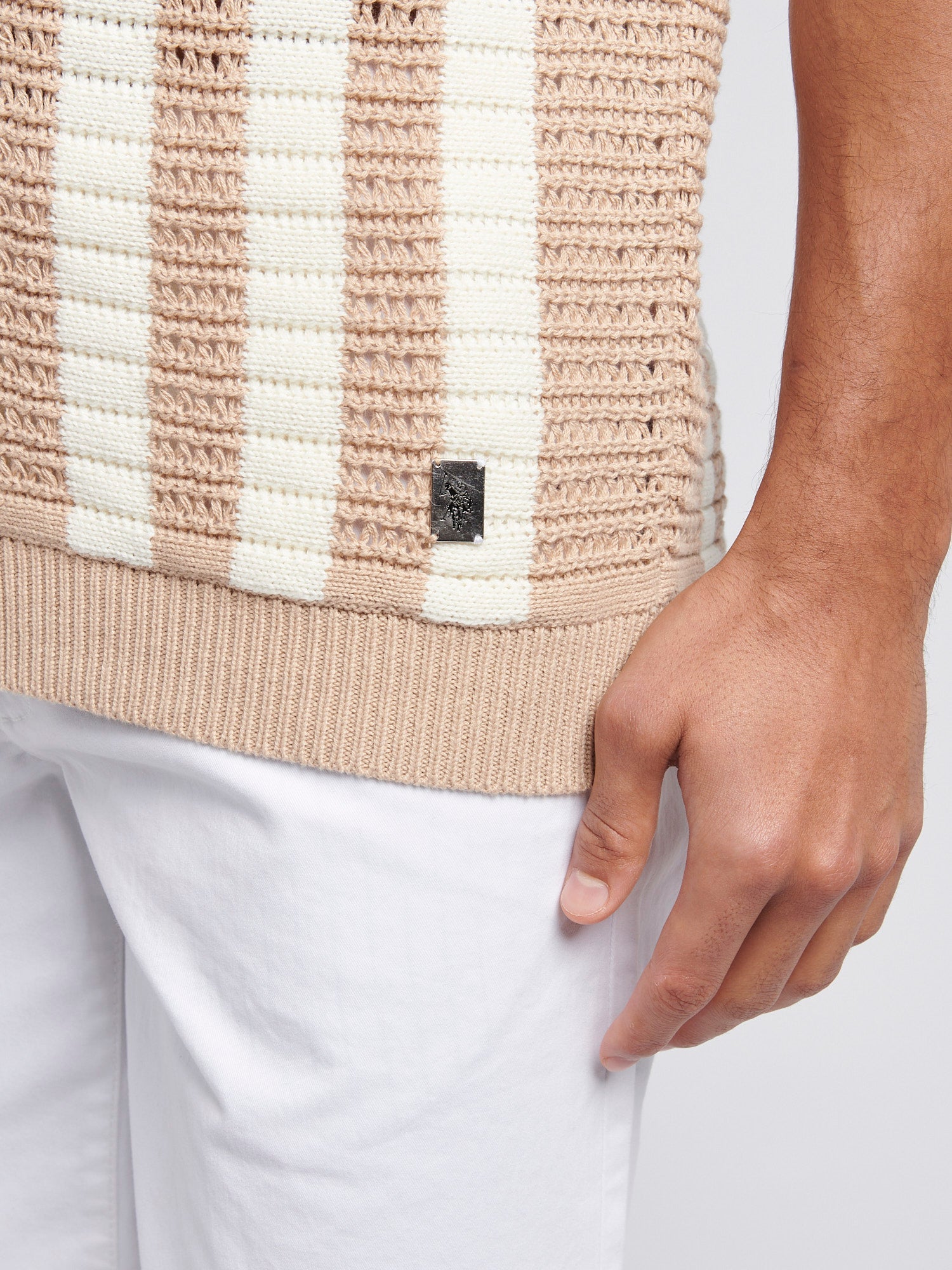 Mens Crochet Knit Open Collar  Polo Shirt in Doeskin