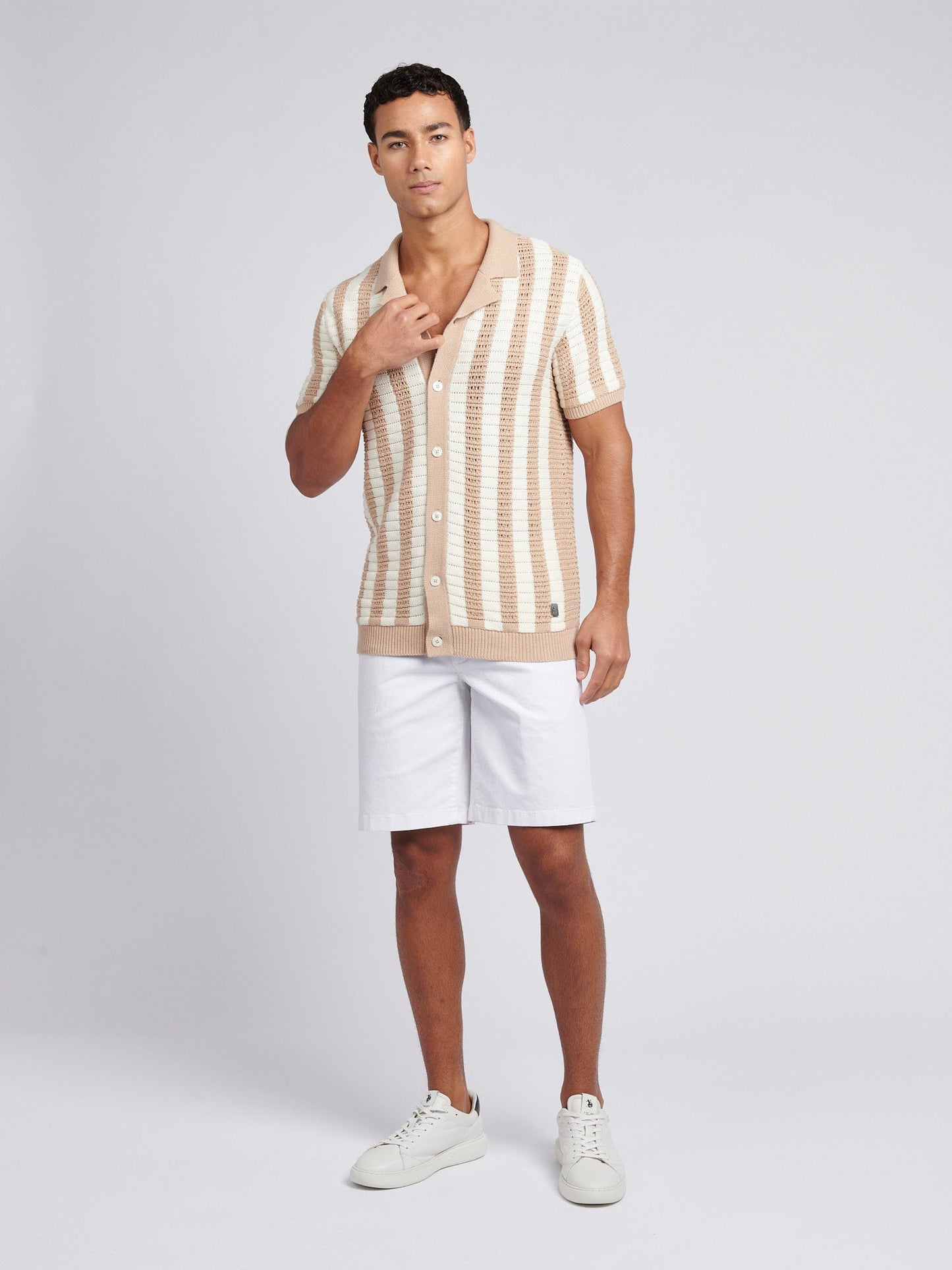 Mens Crochet Knit Open Collar  Polo Shirt in Doeskin