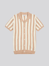 Mens Crochet Knit Open Collar  Polo Shirt in Doeskin