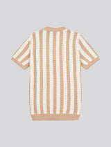 Mens Crochet Knit Open Collar  Polo Shirt in Doeskin