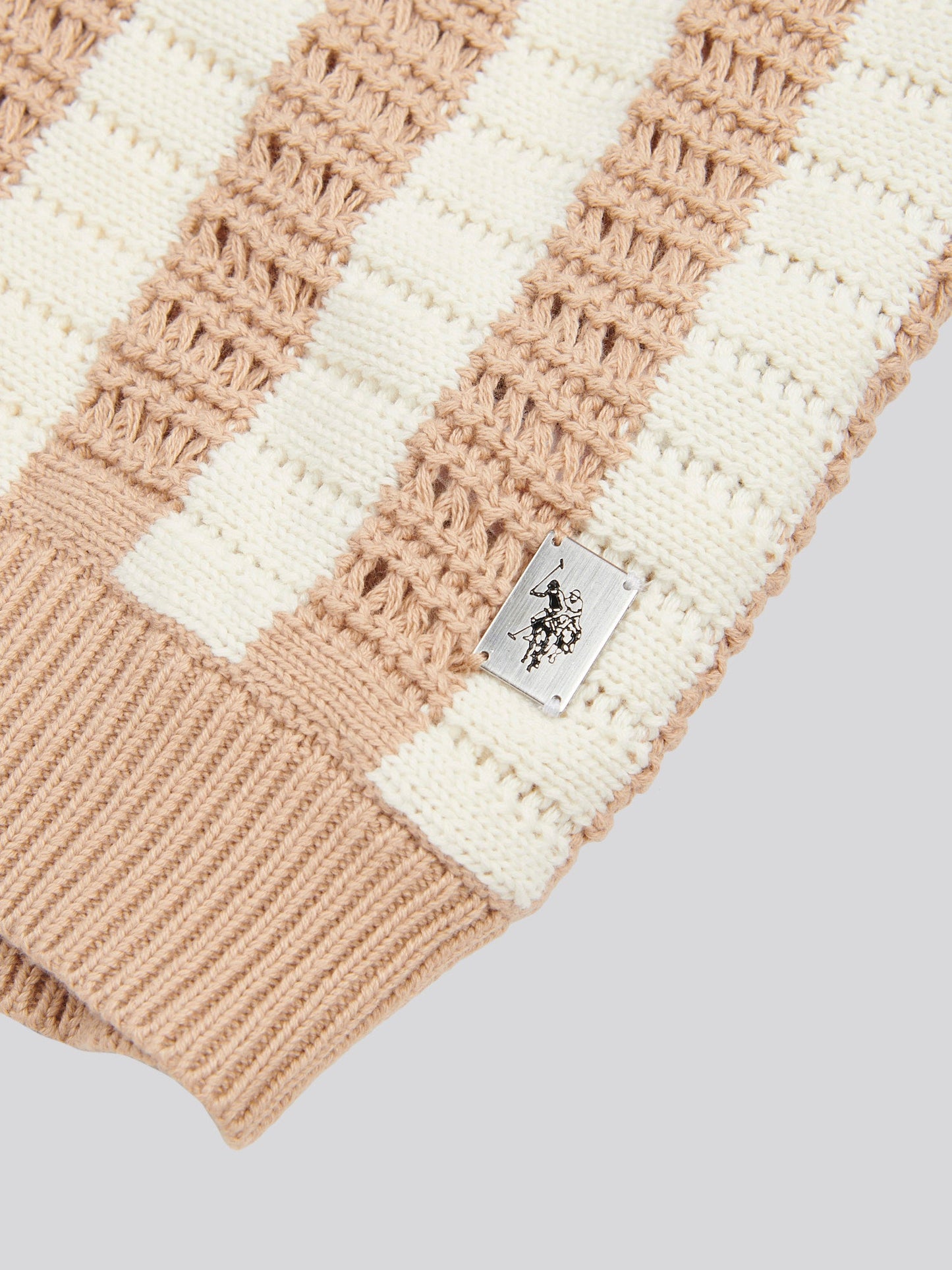 Mens Crochet Knit Open Collar  Polo Shirt in Doeskin