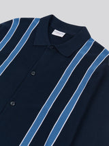 Mens Vertical Stripe Knit Cardigan in Dark Sapphire Navy