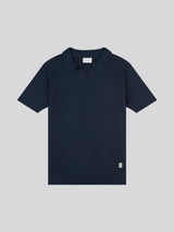 Mens Texture Open Collar Knit Polo Shirt in Dark Sapphire Navy