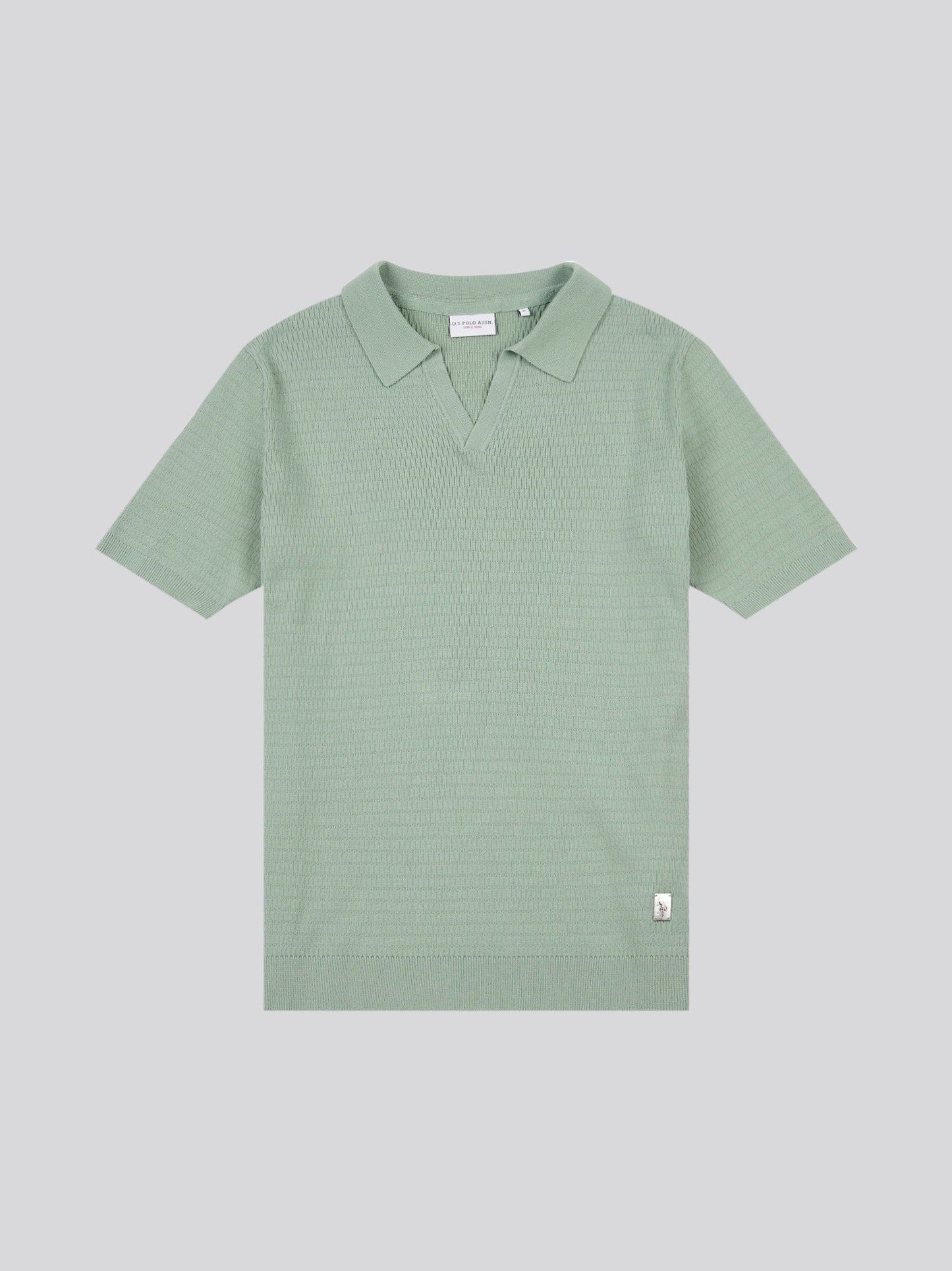 Mens Texture Open Collar Knit Polo Shirt in Green Bay
