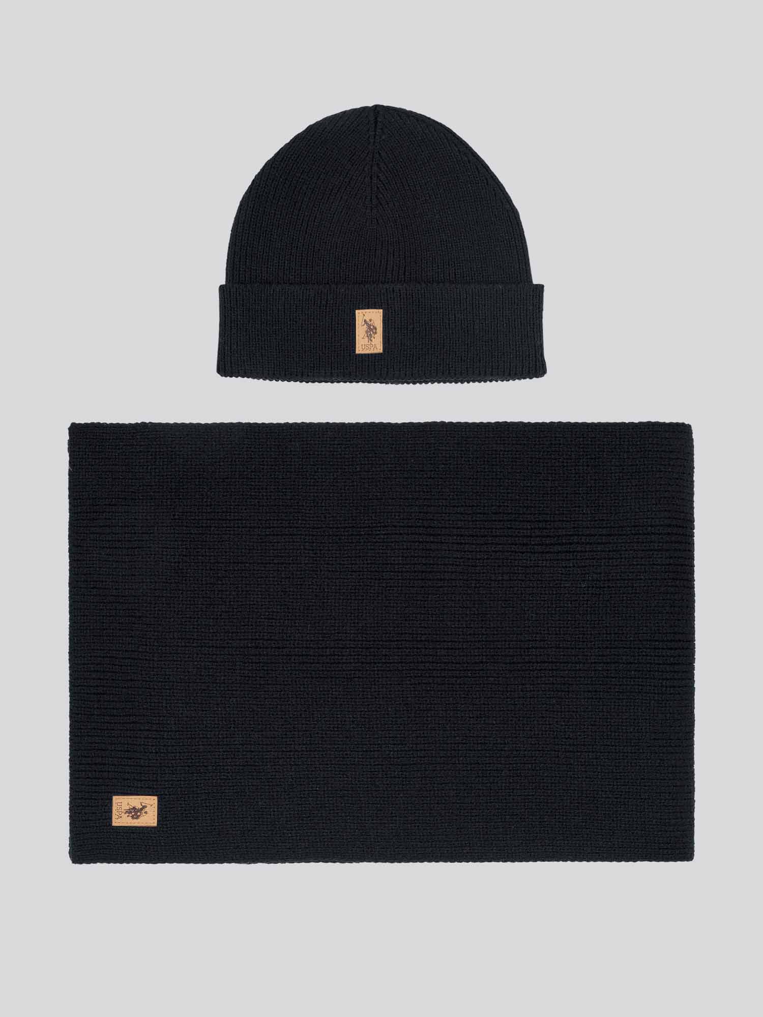 Mens Luxury Rib Knit Beanie & Scarf Set in Black