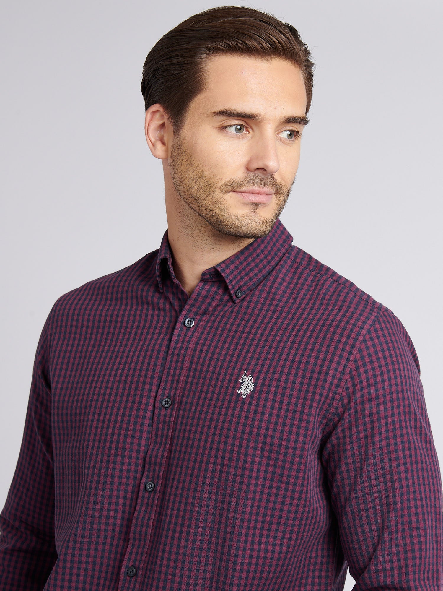 Mens Herringbone Weave Peached Gingham Shirt in Grape Wine