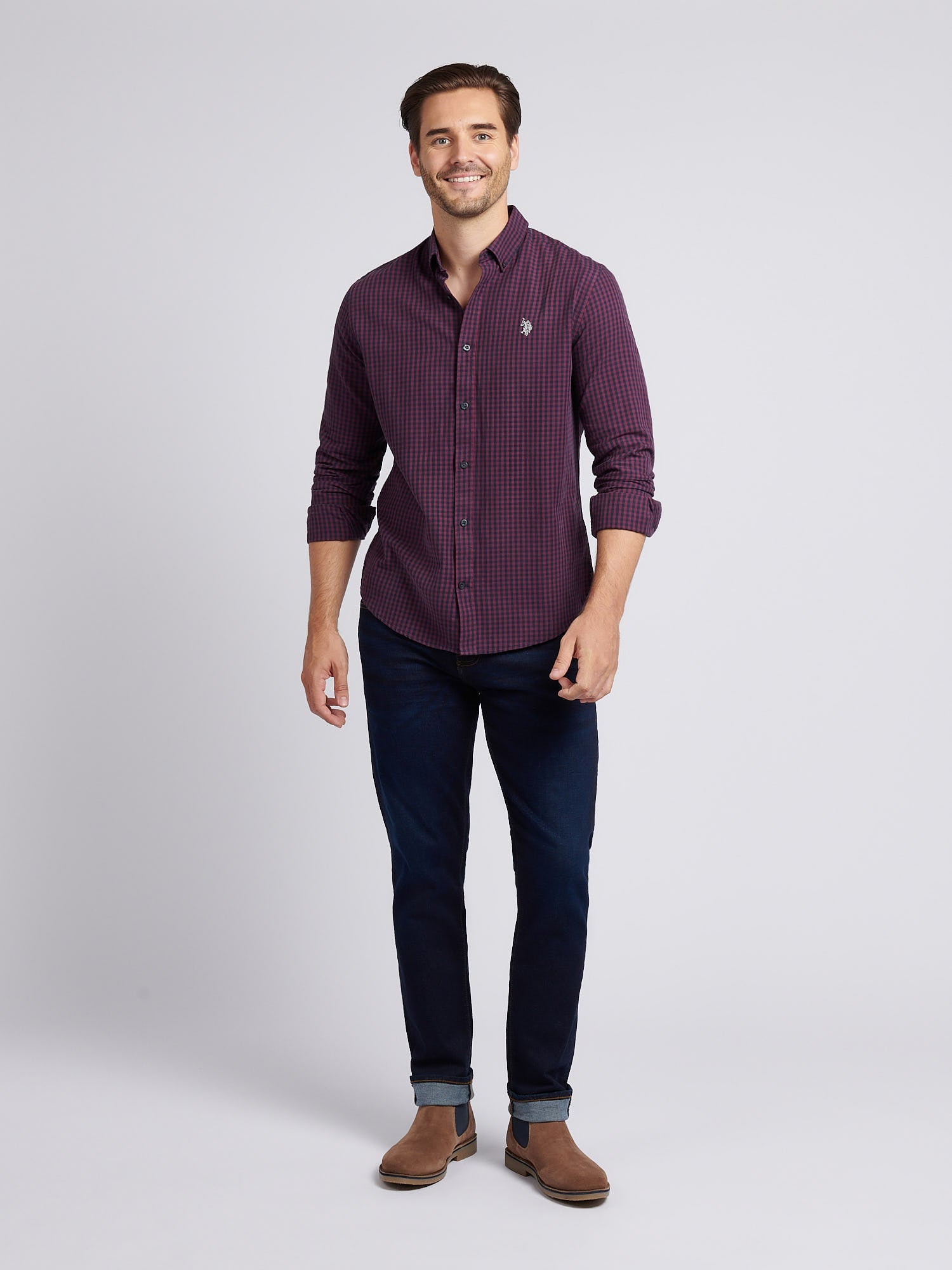 Mens Herringbone Weave Peached Gingham Shirt in Grape Wine