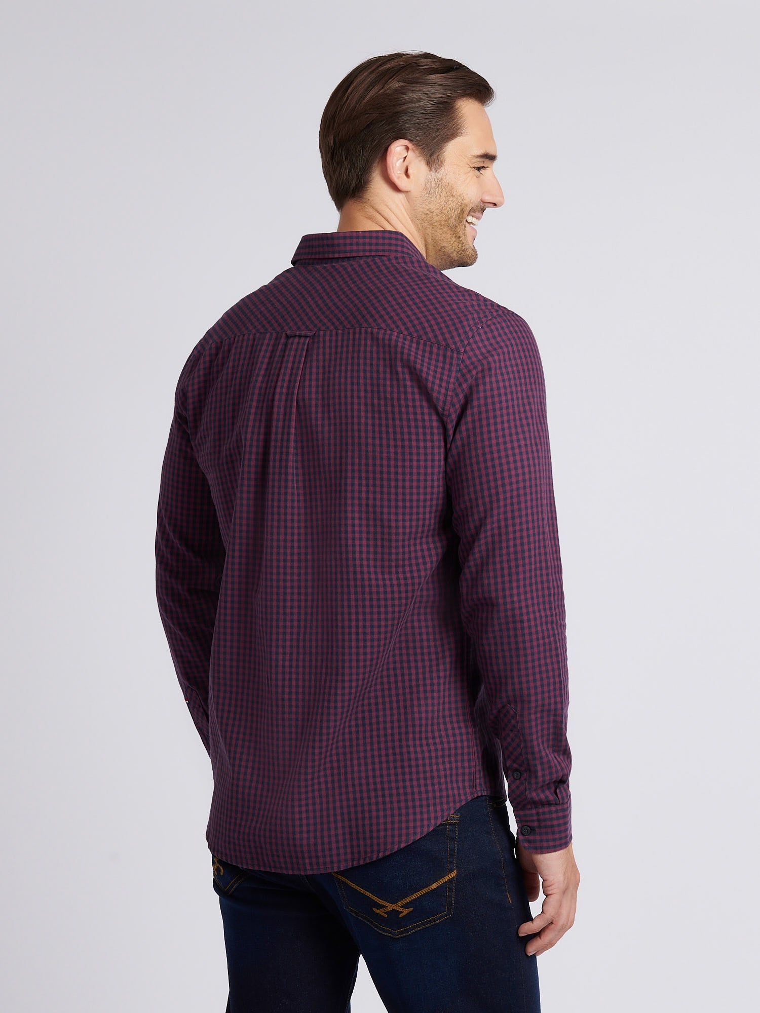 Mens Herringbone Weave Peached Gingham Shirt in Grape Wine