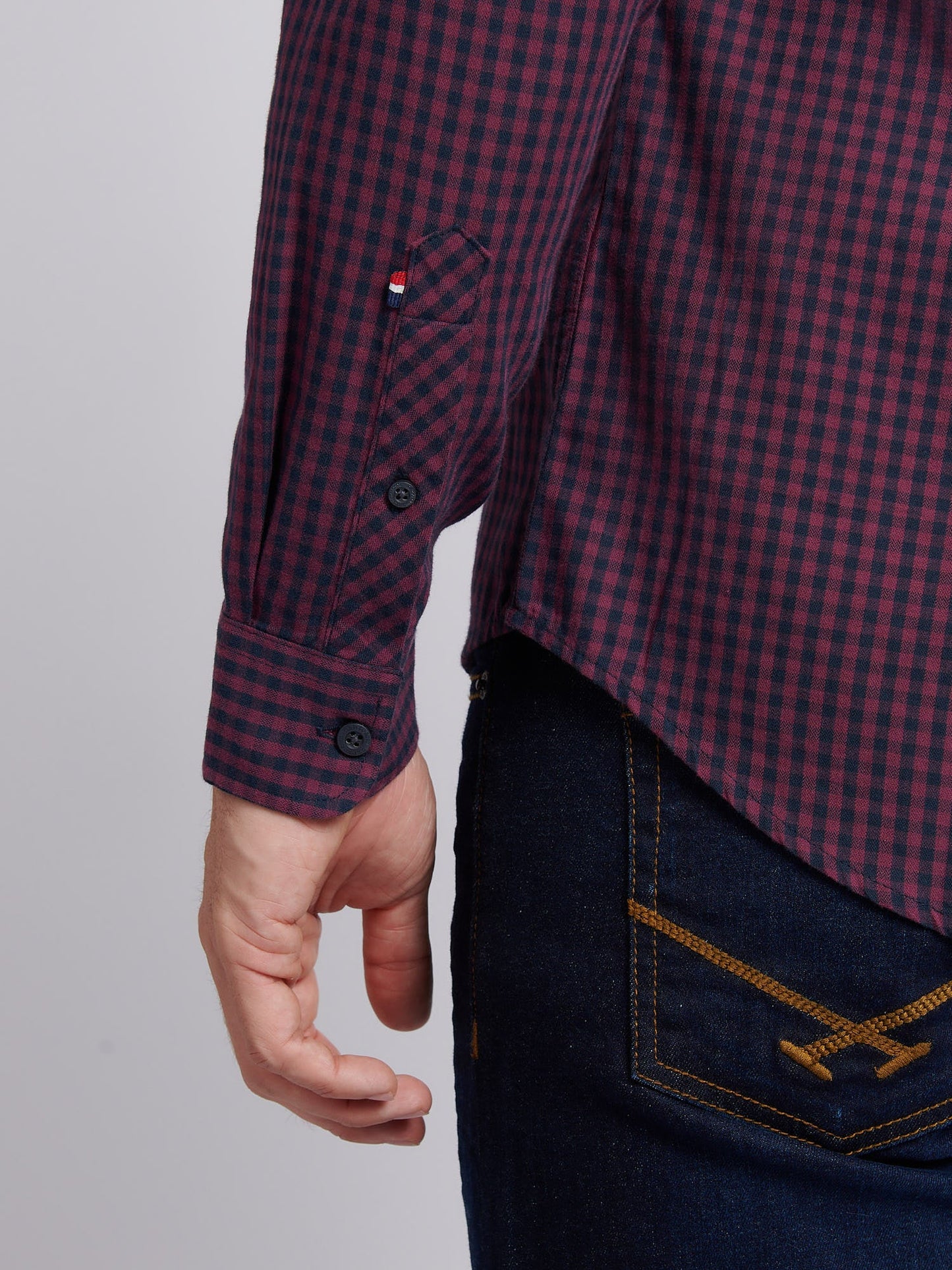 Mens Herringbone Weave Peached Gingham Shirt in Grape Wine