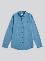 Mens Herringbone Weave Peached Gingham Shirt in Heritage Blue