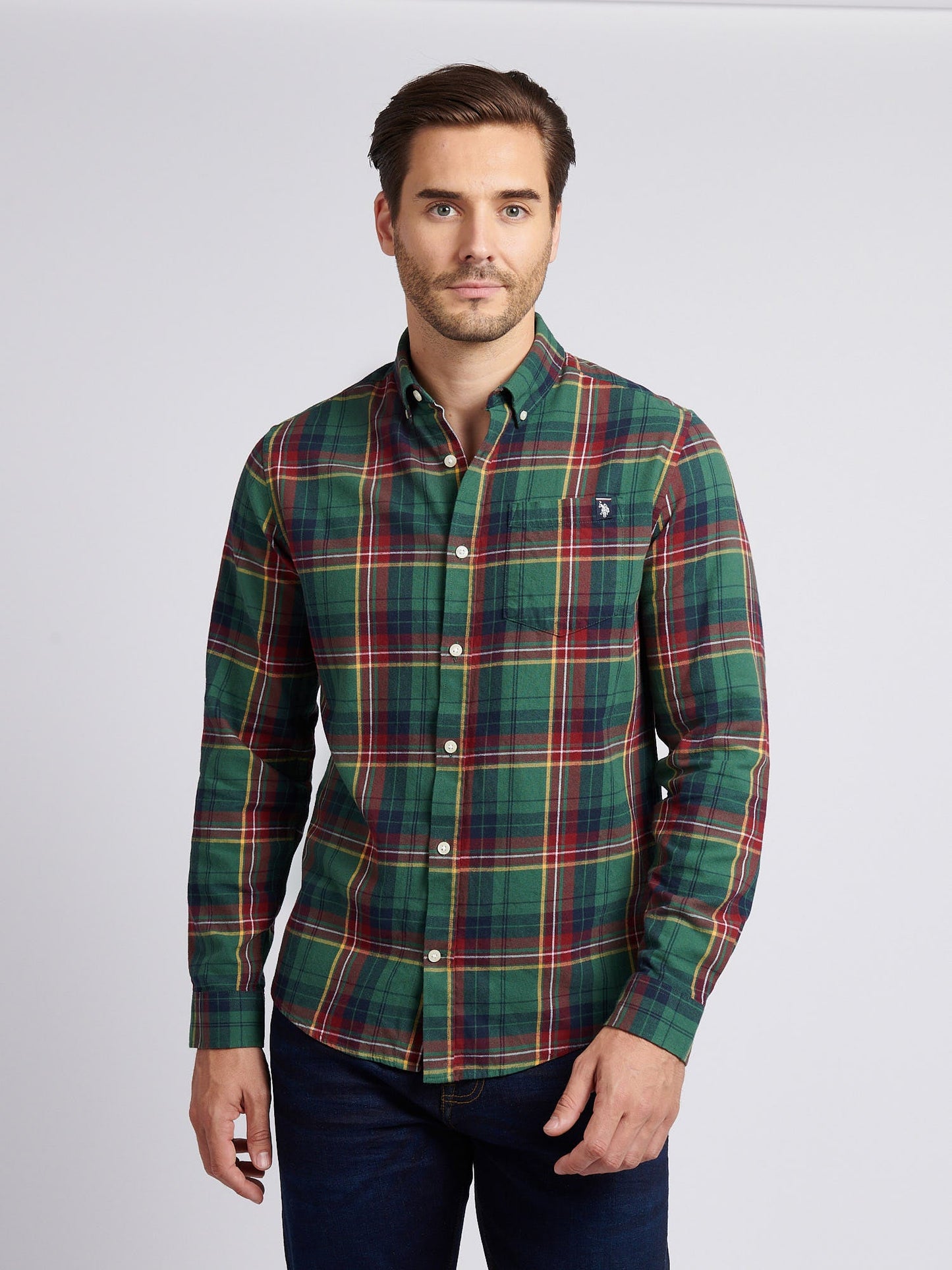 Mens Pocketed Checked Buttondown Shirt in Pineneedle