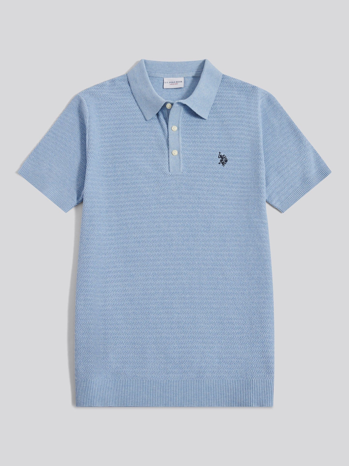 Mens Herringbone Texture Knit Polo Shirt Parisian Blue Marl