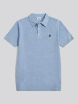 Mens Herringbone Texture Knit Polo Shirt Parisian Blue Marl
