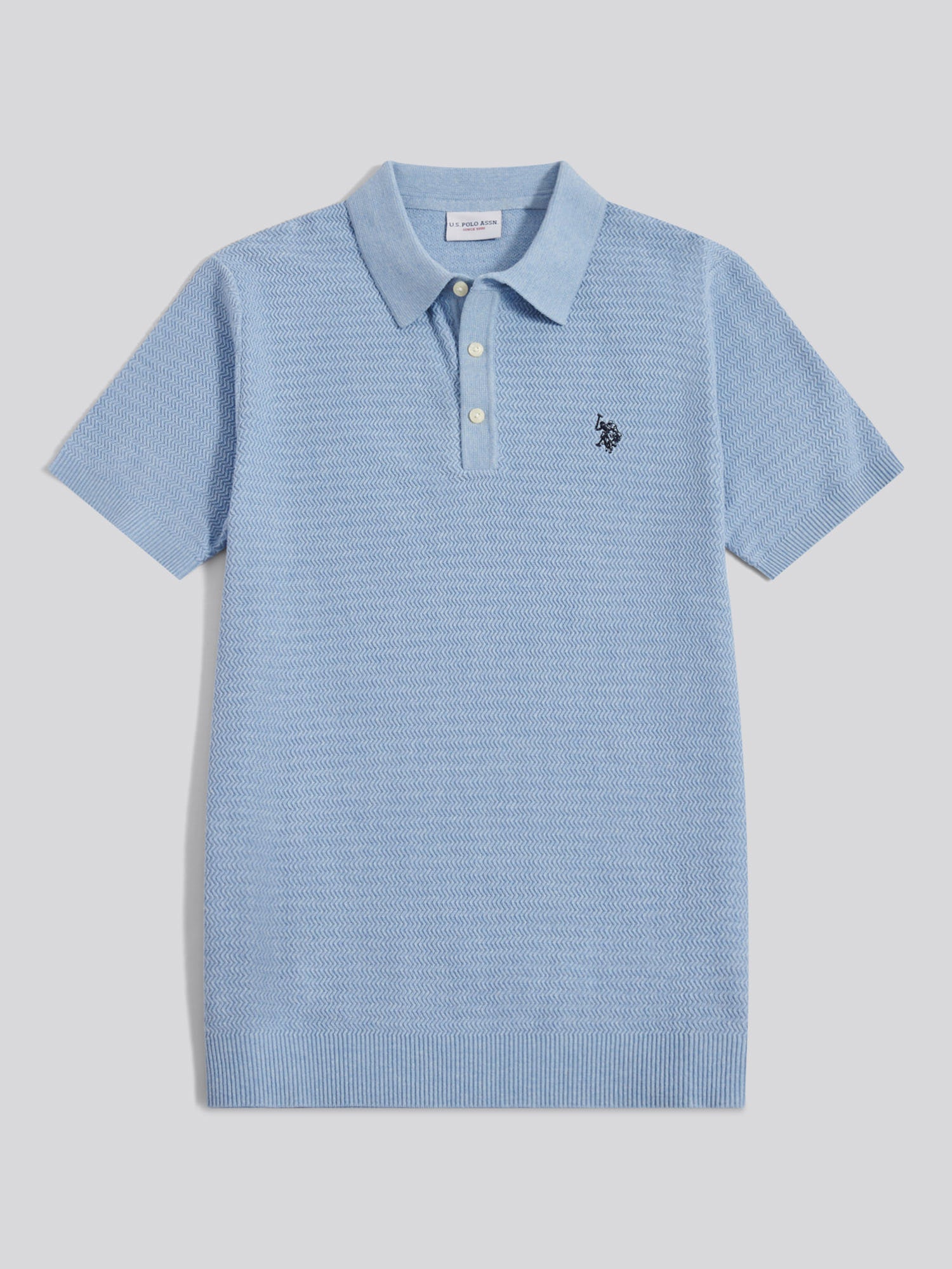 Mens Herringbone Texture Knit Polo Shirt Parisian Blue Marl