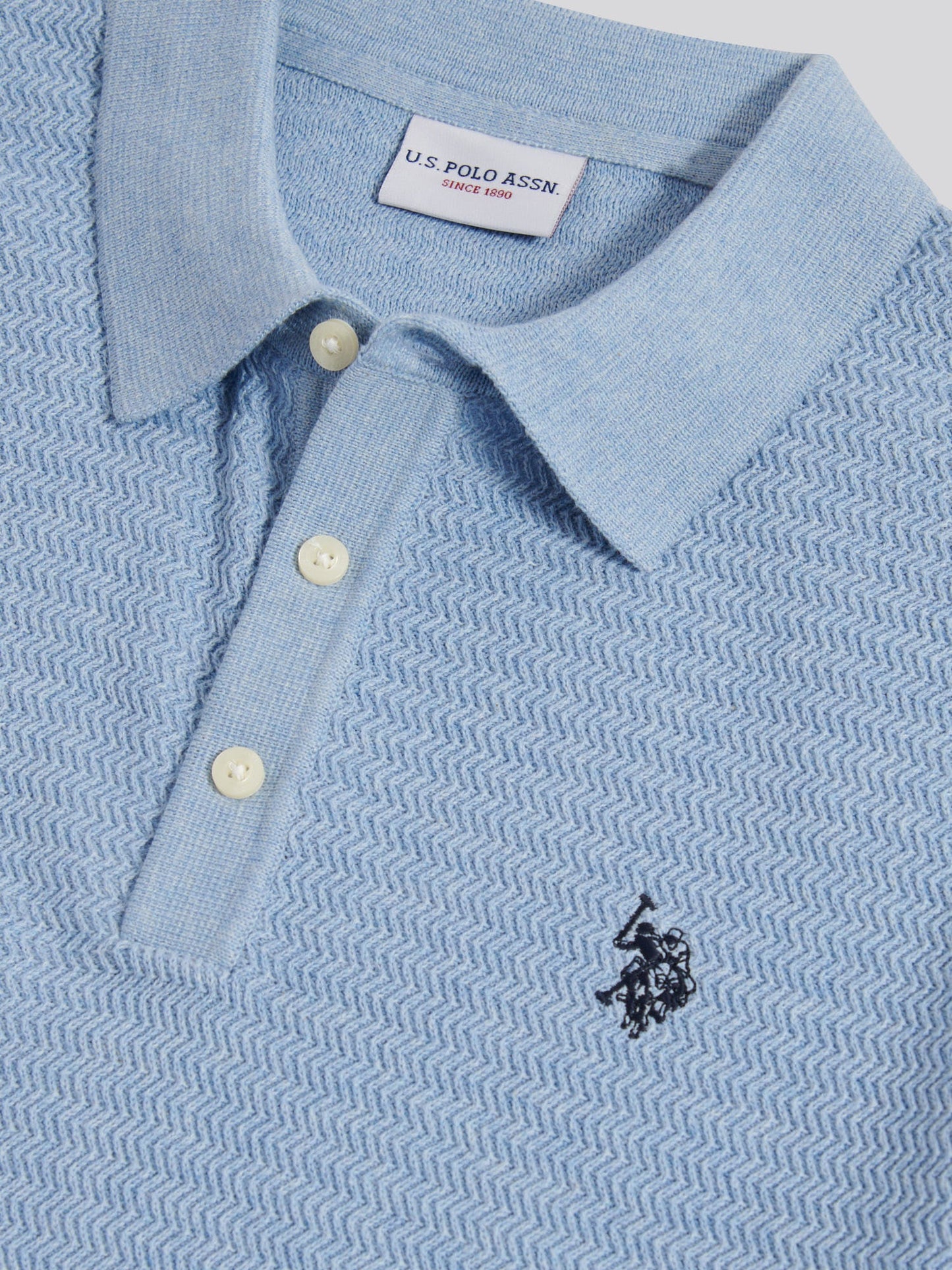 Mens Herringbone Texture Knit Polo Shirt Parisian Blue Marl
