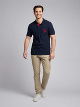 Mens Large Player Pique Polo Shirt in Dark Sapphire Navy / Haute Red DHM