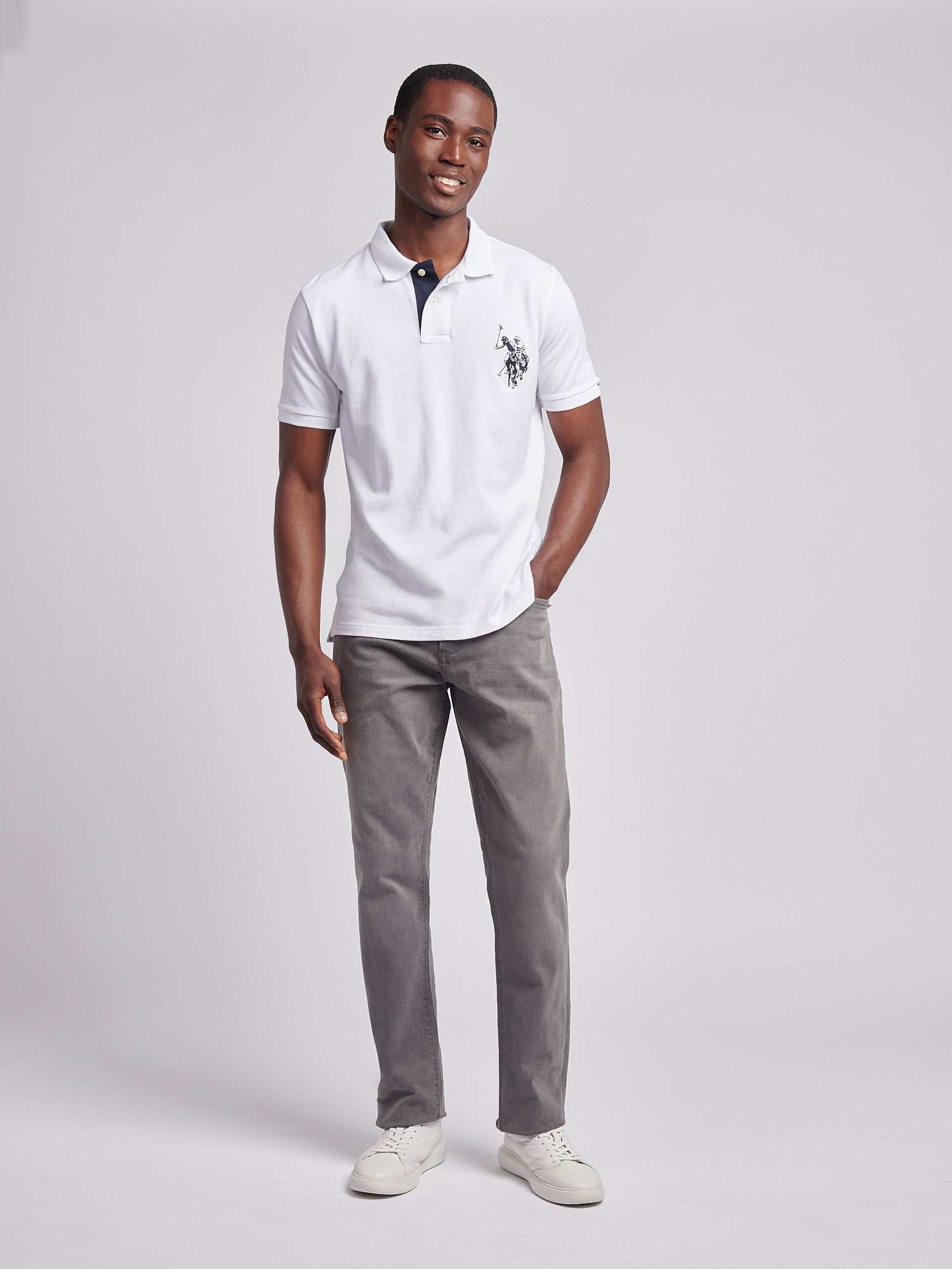 Mens Large Player Pique Polo Shirt in White / Dark Sapphire Navy DHM
