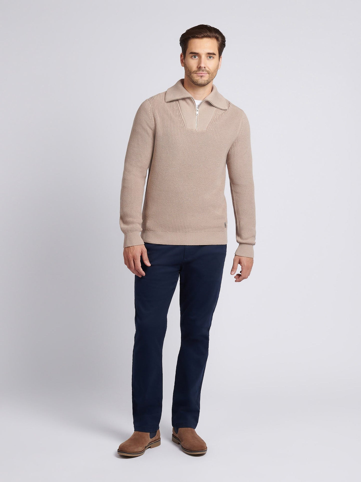 Mens Half Cardigan Stitch Knit Funnel in Atmosphere