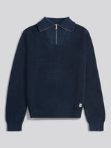 Mens Half Cardigan Stitch Knit Funnel in Dark Sapphire Navy