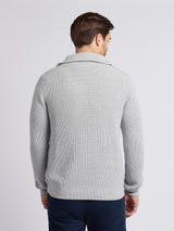 Mens Half Cardigan Stitch Knit Funnel in Mid Grey Marl