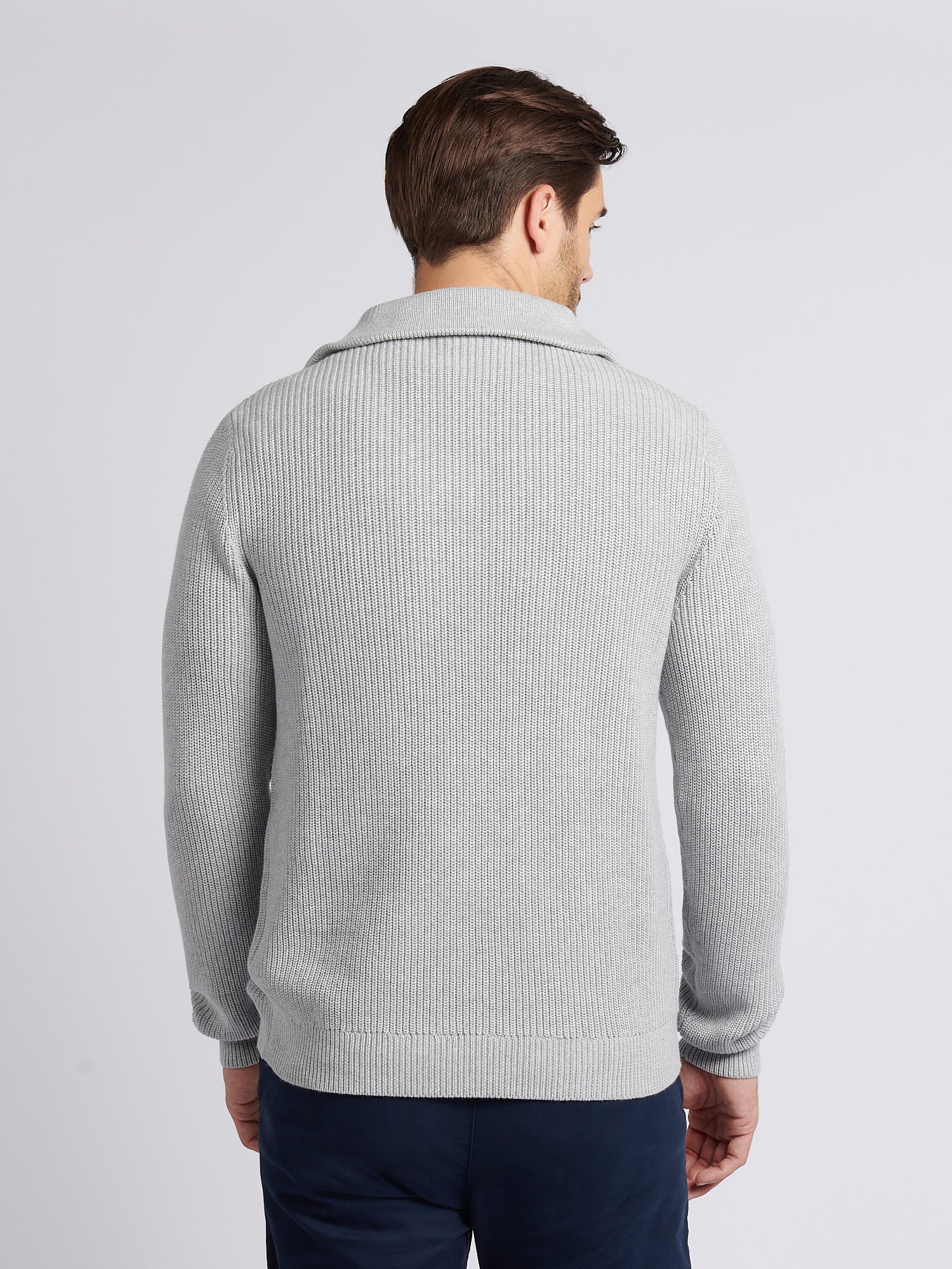 Mens Half Cardigan Stitch Knit Funnel in Mid Grey Marl