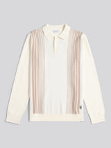 Mens Vertical Stripe Knit Long Sleeve Polo Shirt in Whisper White