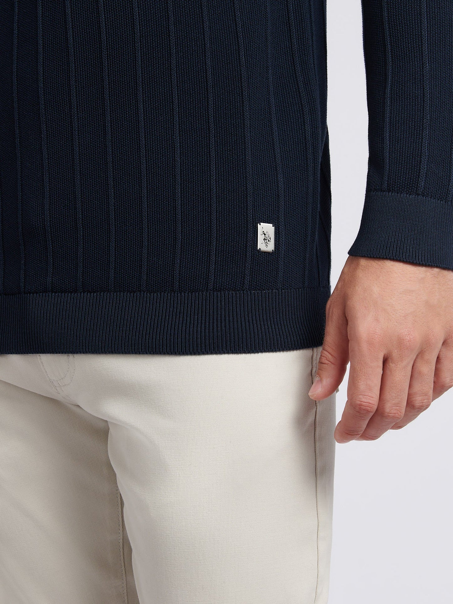 Mens Vertical Texture Stripe Knit Long Sleeve Polo Shirt in Dark Sapphire Navy