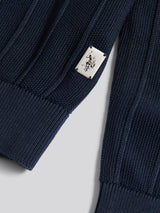 Mens Vertical Texture Stripe Knit Long Sleeve Polo Shirt in Dark Sapphire Navy