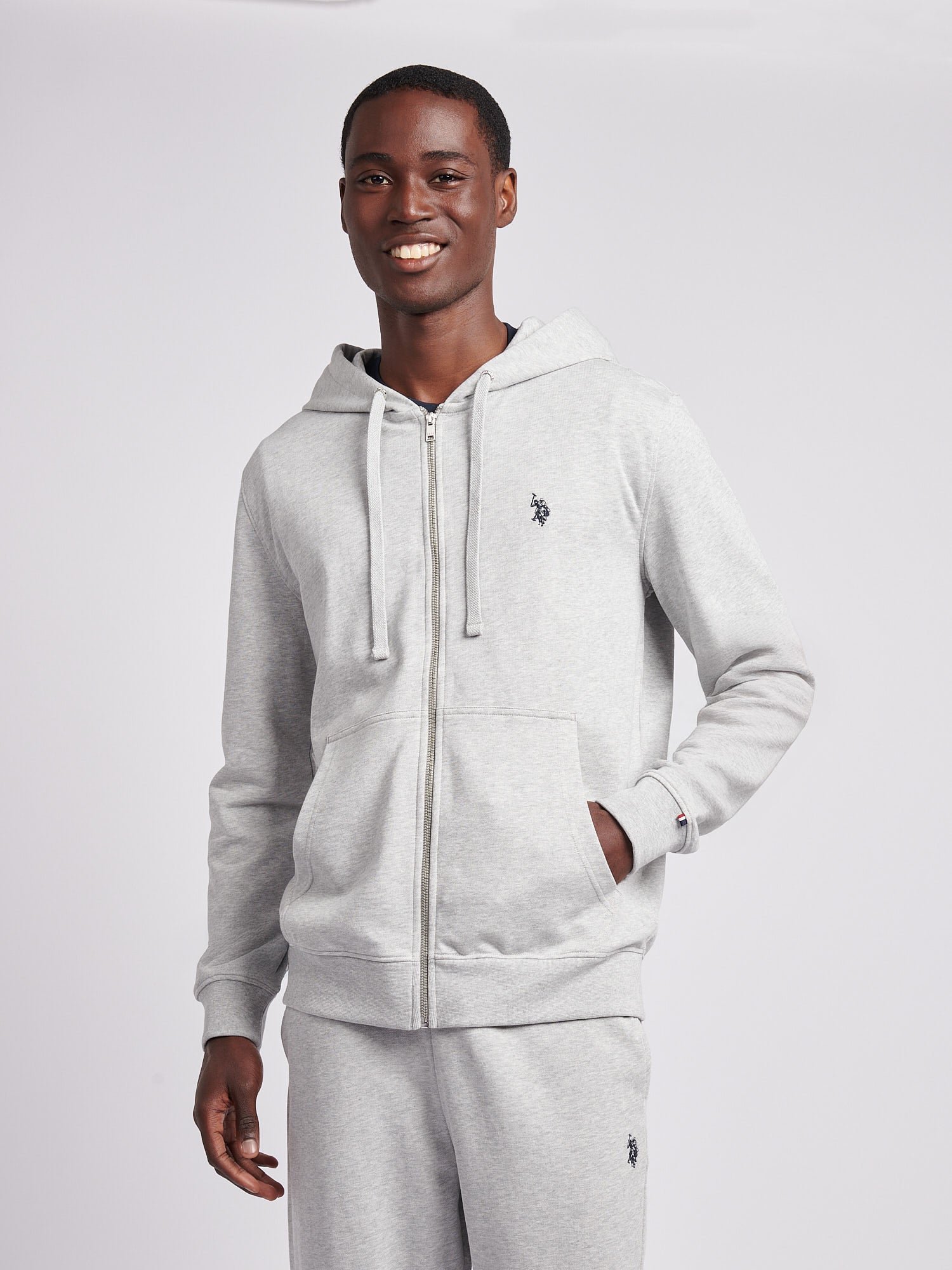 Mens Double Horsemen Loopback Zip Hoodie Mid Grey Marl