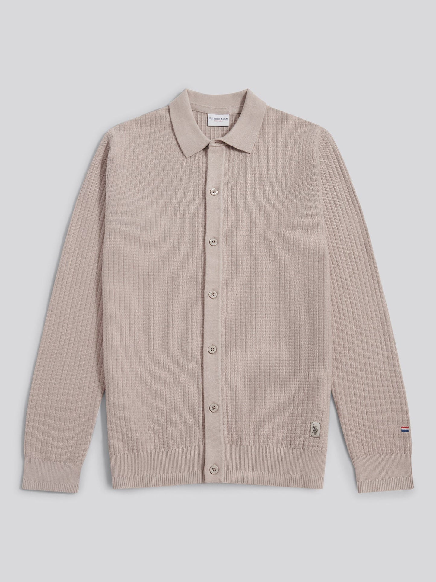Mens Check Texture Button Thru Long Sleeve Polo Shirt in Atmosphere