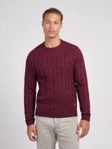 Mens Cable Knit Crew in Grape Wine