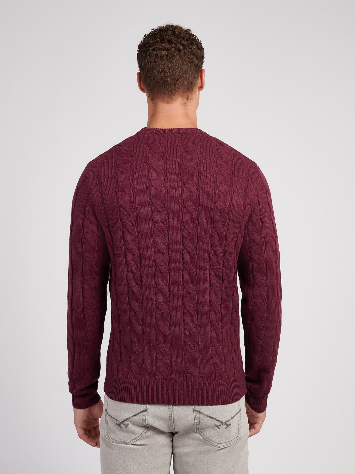 Mens Cable Knit Crew in Grape Wine