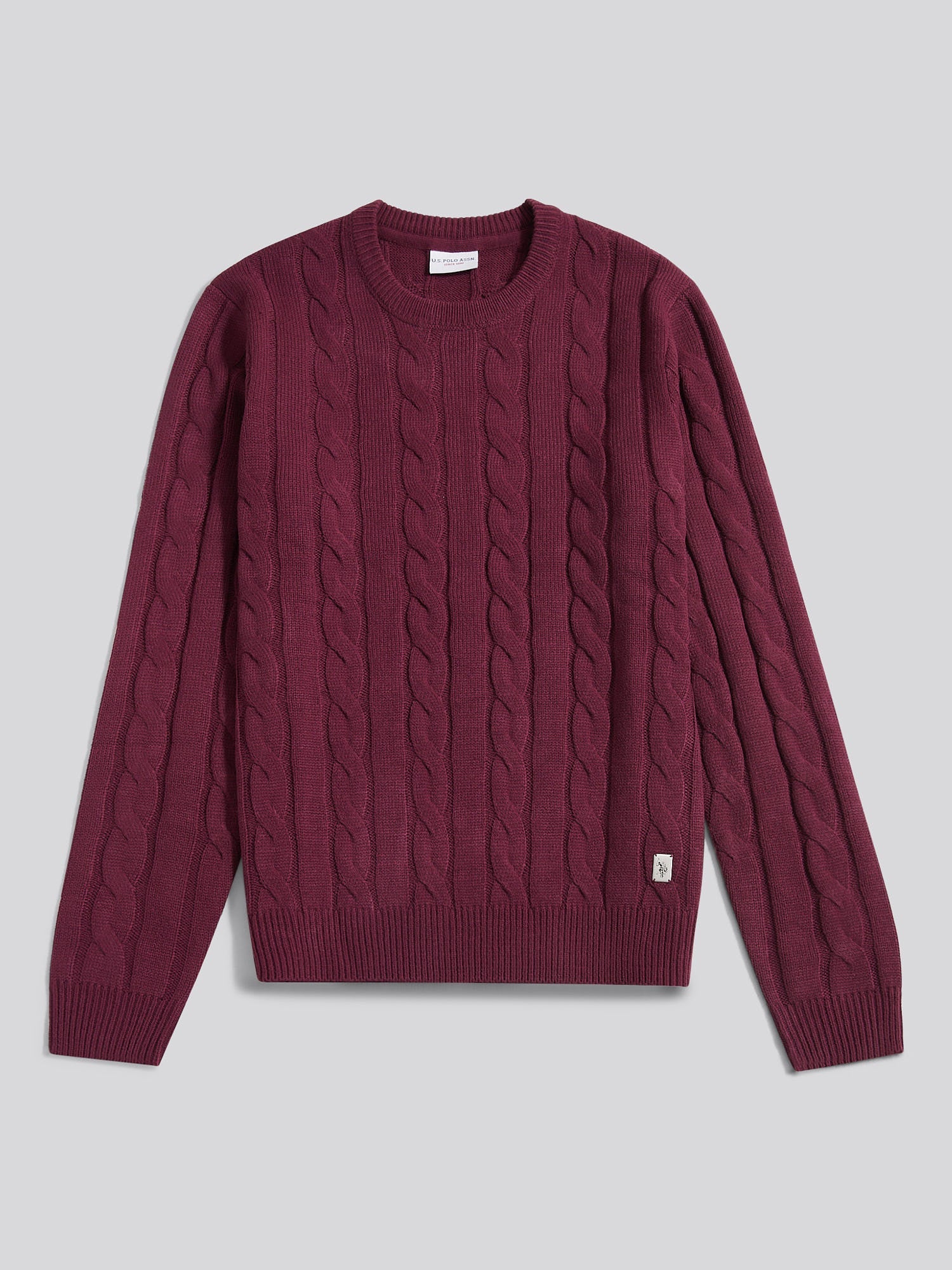Mens Cable Knit Crew in Grape Wine