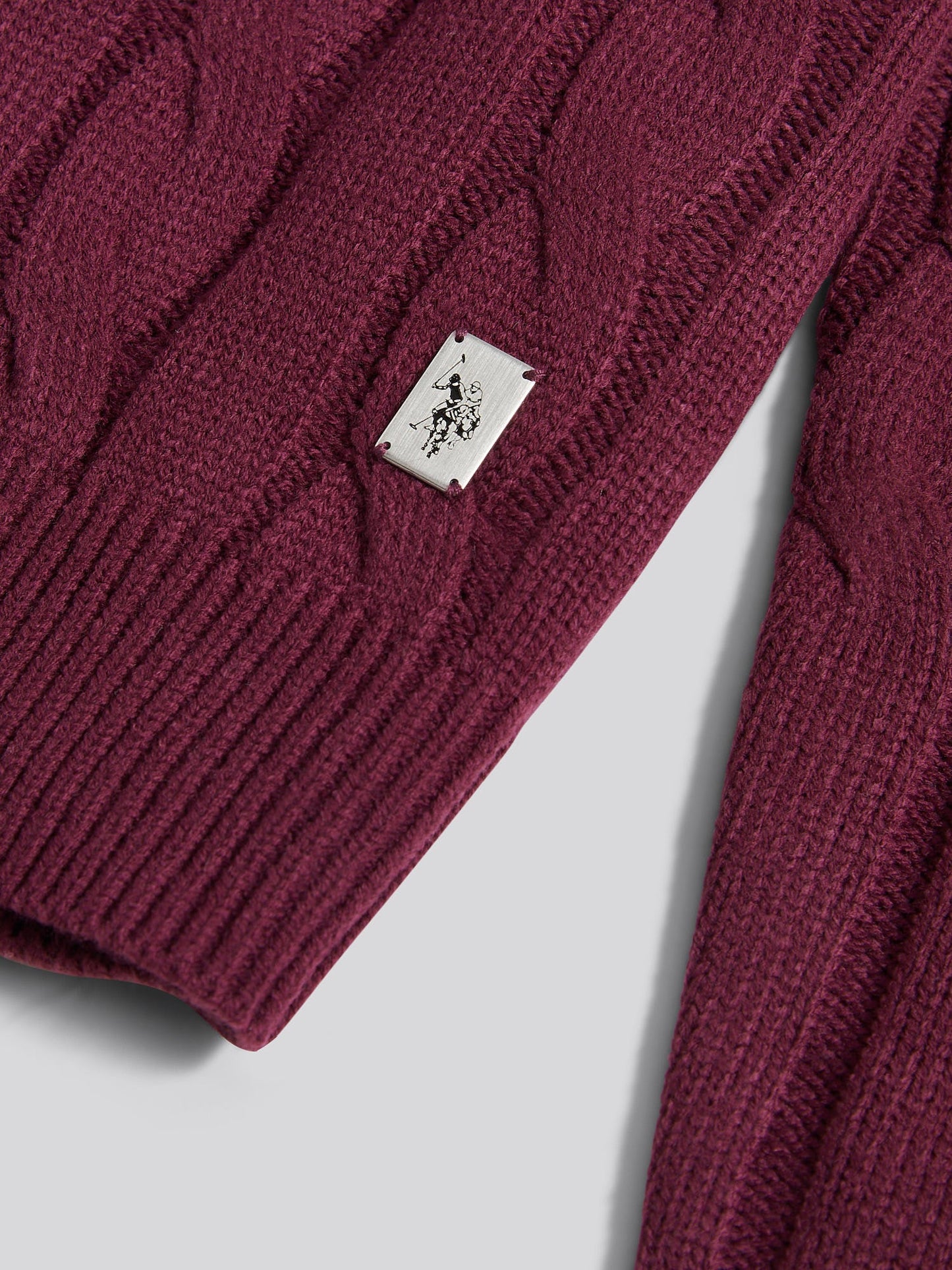 Mens Cable Knit Crew in Grape Wine